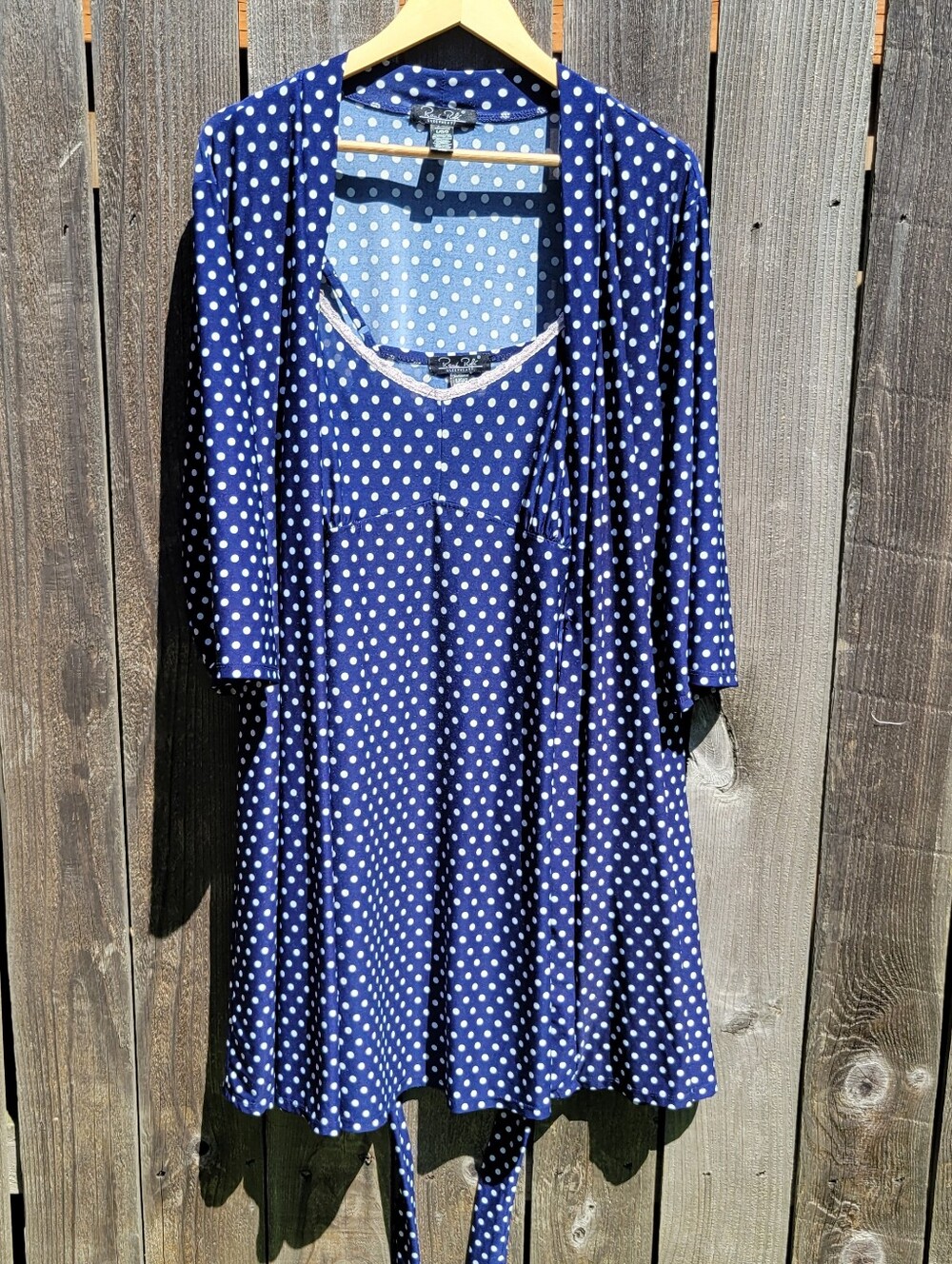 Rene Rofe Navy Blue Polka Dot Sleepwear Set Robe & Chemise Sz L